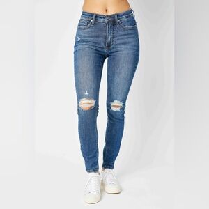 Judy Blue Women's Dark Wash Mid-Rise Tummy Control Destroyed Skinny Jeans 88798
